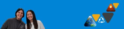 Two women smiling Brightly colored triangles on a blue background