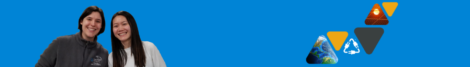 two women smiling Brightly colored triangles on a blue background