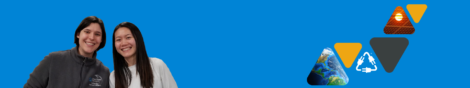Two women smiling Brightly colored triangles on a blue background