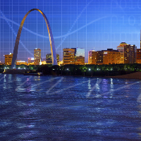 Image of the St. Louis Arch with the city behind it from across the water - EPRI Grid Analytics Conference