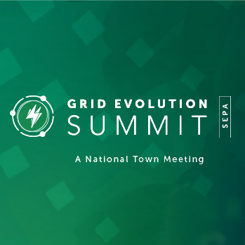 Gris Evolution Summit Logo - green background with the name in white letters with a lighting bold symbol in concentric circles to the left