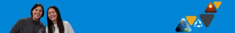 two women smiling Brightly colored triangles on a blue background