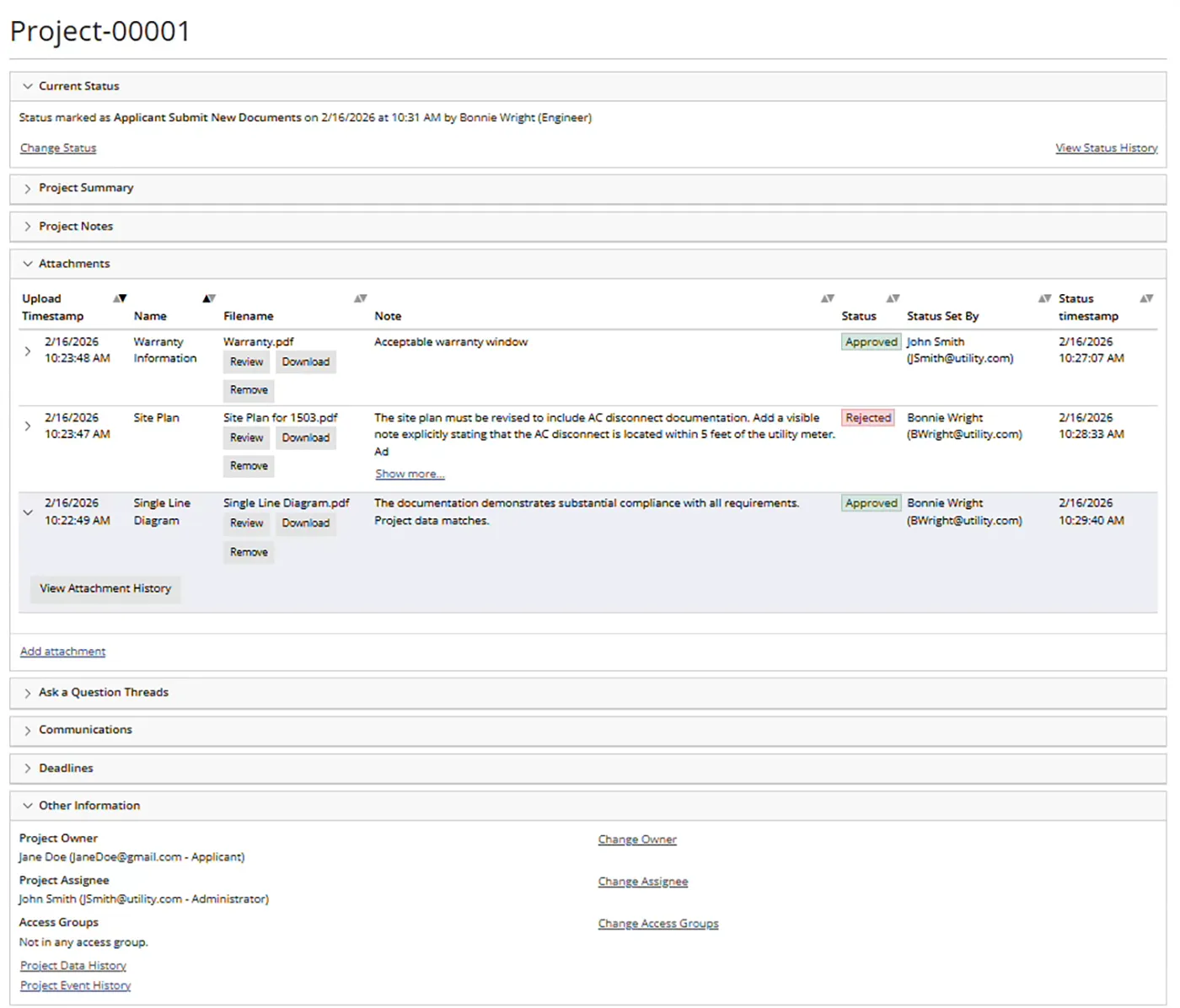 PowerClerk project admin page